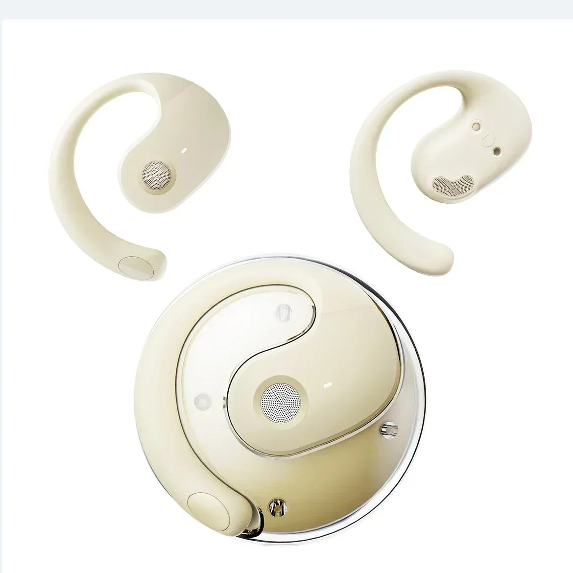 Cream-colored wireless ear hooks with a matching round charging case featuring a sleek, minimalist design.