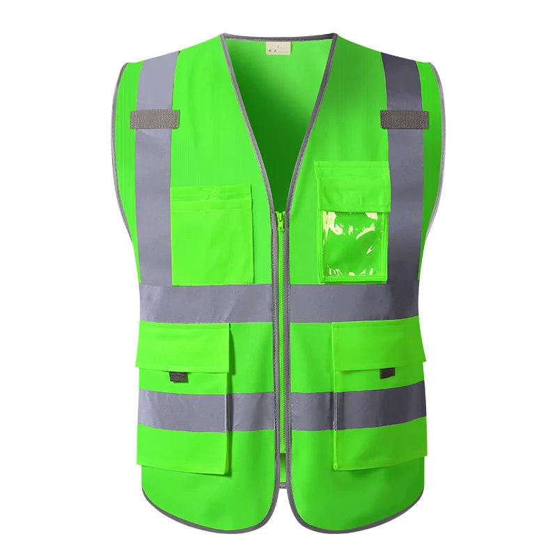 Fluorescent green high-visibility work vest with zip fastening, reflective strips, and multiple utility pockets.