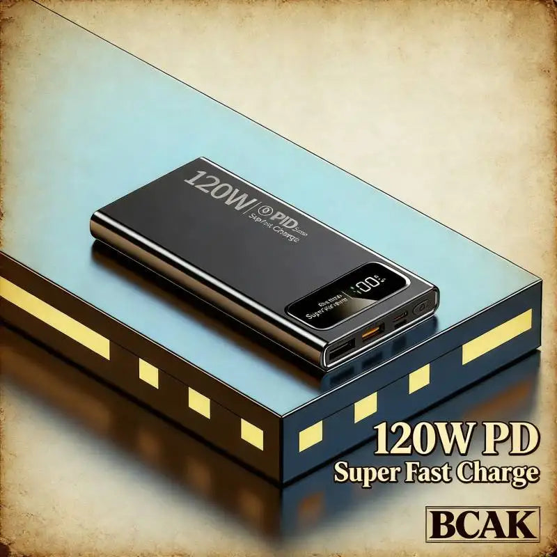 Sleek black 20000mAh portable power bank with 120W fast charging and a digital battery percentage display.