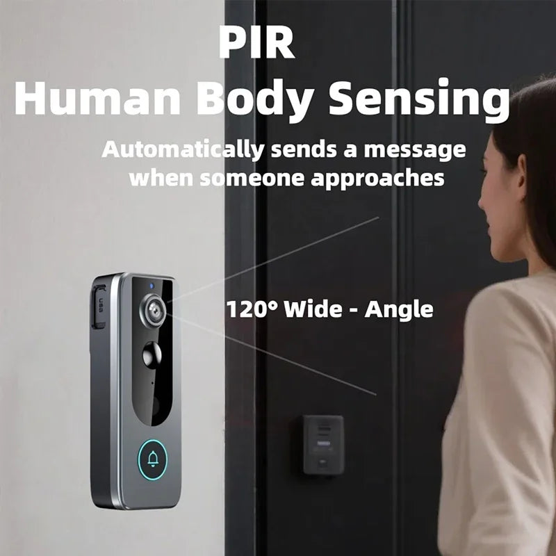 Sleek grey wireless smart doorbell with a 120-degree camera lens, motion sensor, and glowing doorbell button.