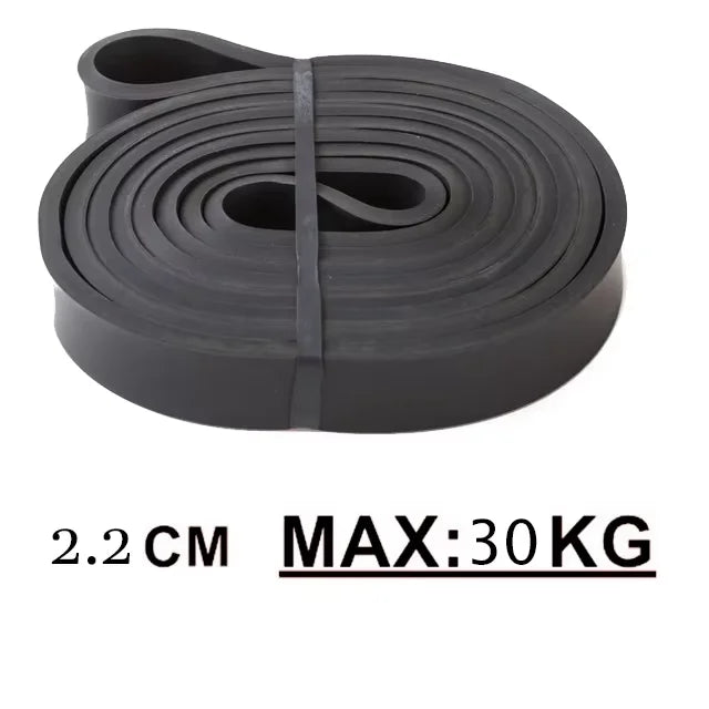 Coiled black rubber resistance band, 2.2cm wide, with 30kg maximum resistance capacity.