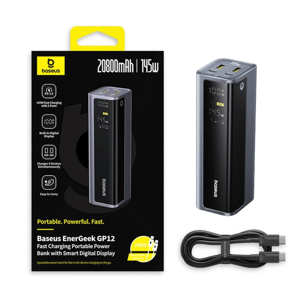 Grey 145W, 20800mAh power bank with a digital display and USB-C cable, shown in retail packaging.