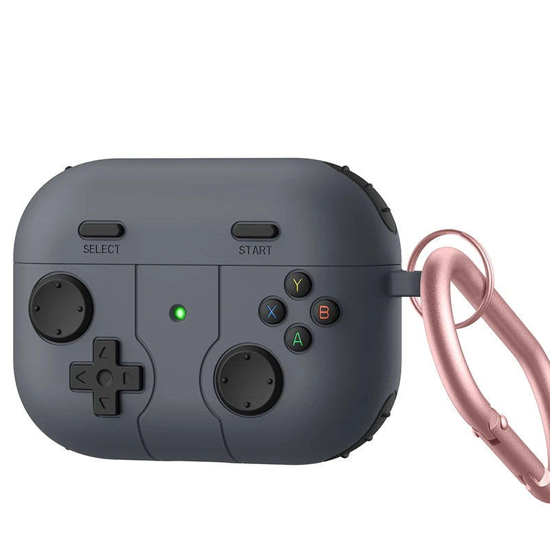 Grey silicone AirPods Pro case designed like a retro game controller, with rose gold carabiner attachment.