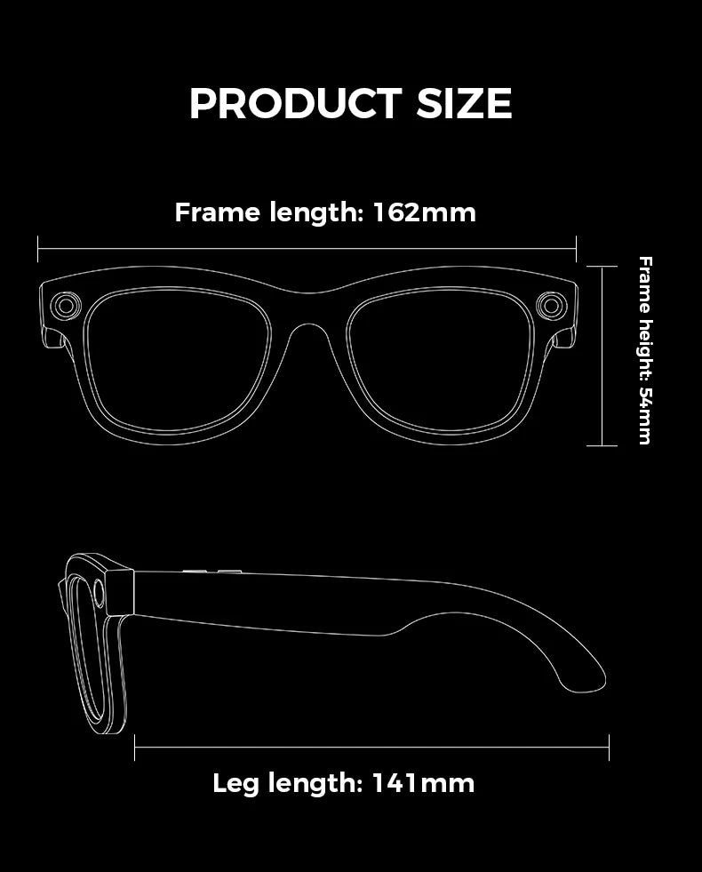 Technical diagram showing dimensions for smart recording glasses with integrated camera lenses in a sleek black frame.