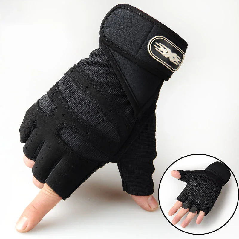 Black fingerless gym gloves with supportive wrist wraps, textured mesh palms, and a branded tab.