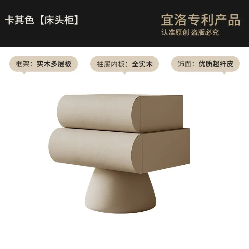 Modern beige two-drawer bedside table featuring a unique curved design and a sleek, pedestal-style base.