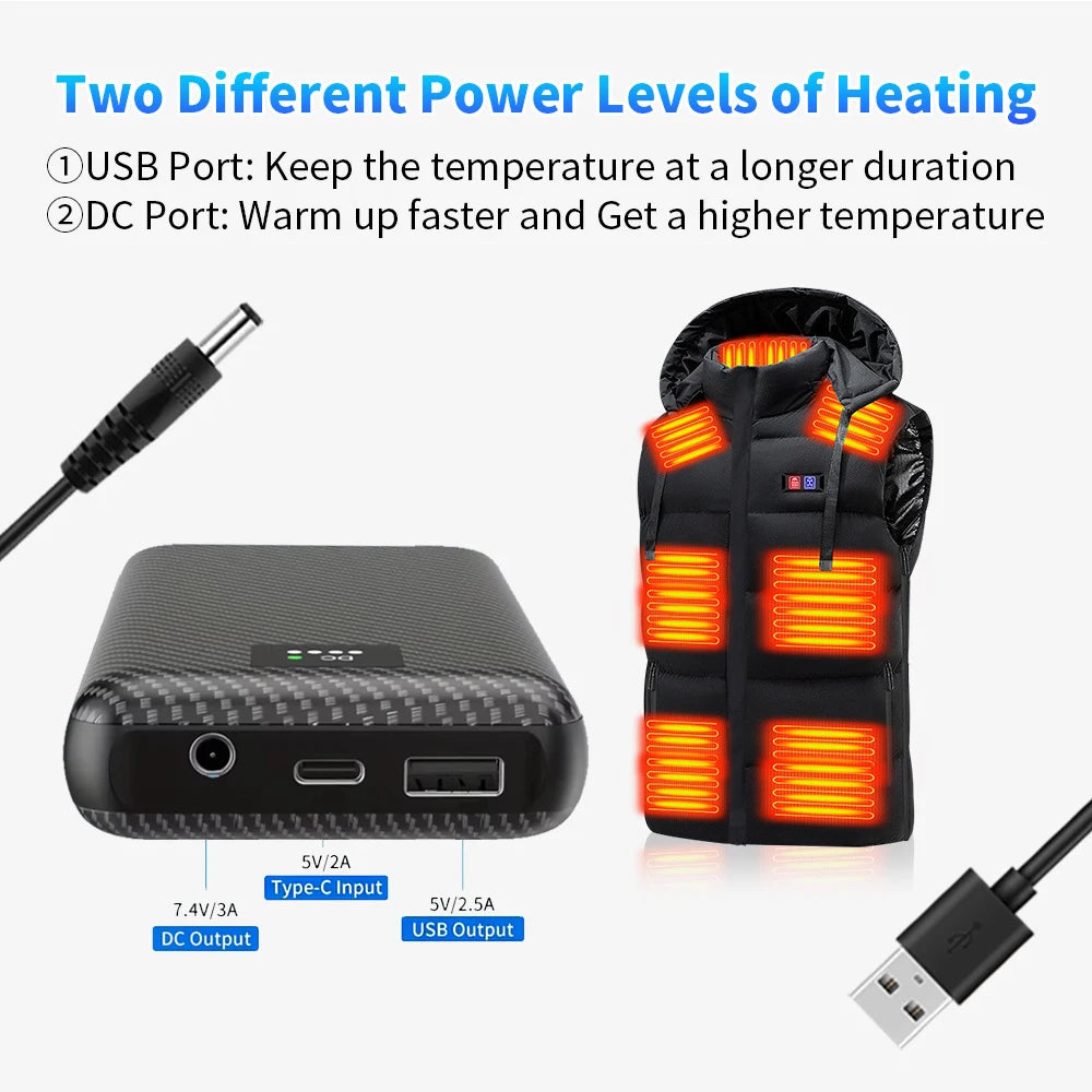 Black carbon fibre power bank with USB and DC ports, powering a heated gilet shown with glowing heat zones.