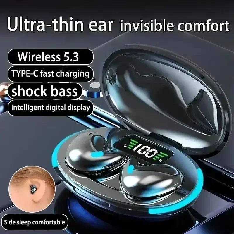 Silver, ultra-thin wireless earbuds in a black charging case with a digital battery display.