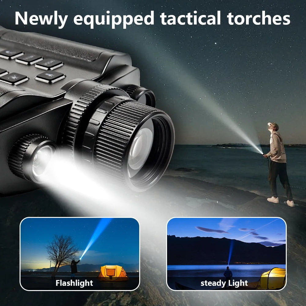 Black plastic tactical flashlight with multiple buttons and an adjustable beam, shown in night outdoor settings.
