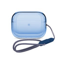 Translucent blue protective case for AirPods Pro with a matching grey woven lanyard.