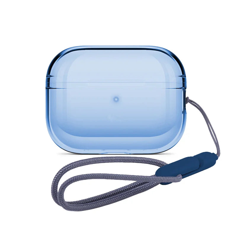 Translucent blue protective case for AirPods Pro with a matching grey woven lanyard.
