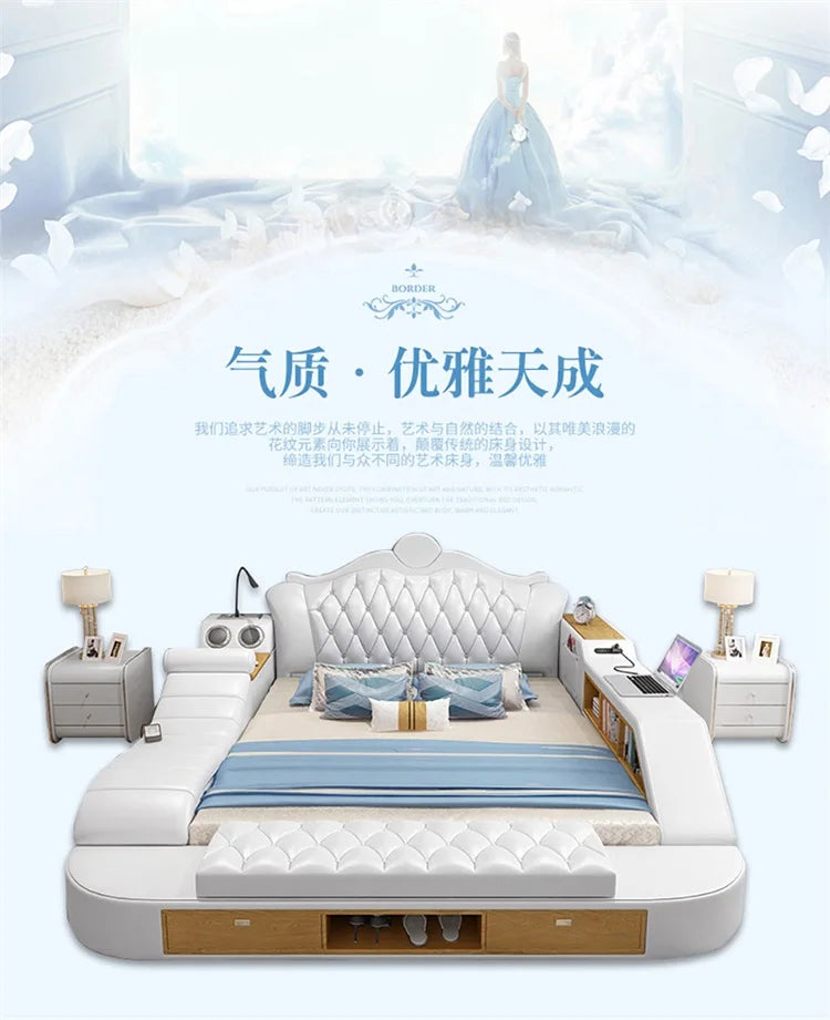 Modern white double bed with tufted headboard, integrated side storage, shelves, and under-bed drawers.