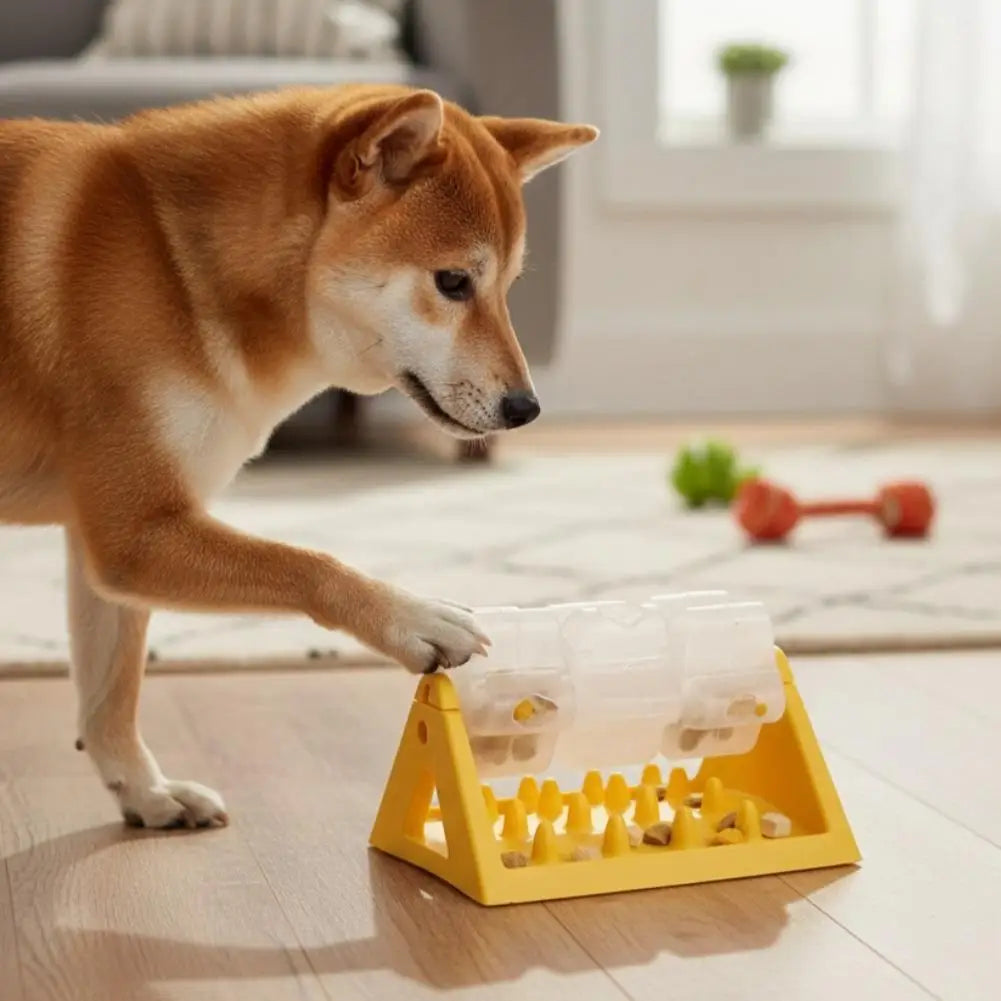 A dog pawing at a yellow interactive puzzle feeder with a spinning treat compartment and a textured slow-feed base.