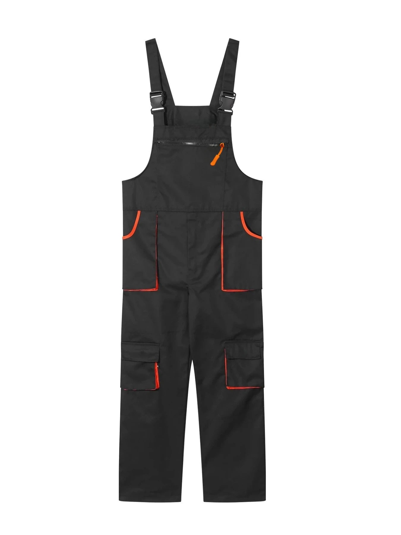 Black heavy-duty mechanic’s dungarees with orange trim, multiple utility pockets and adjustable buckle straps.