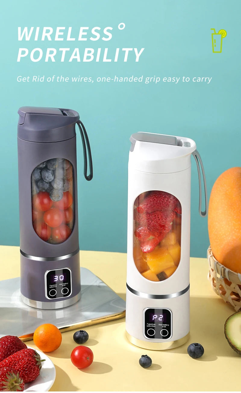 Two sleek, portable wireless blenders in dark grey and white, featuring digital displays and carry straps.