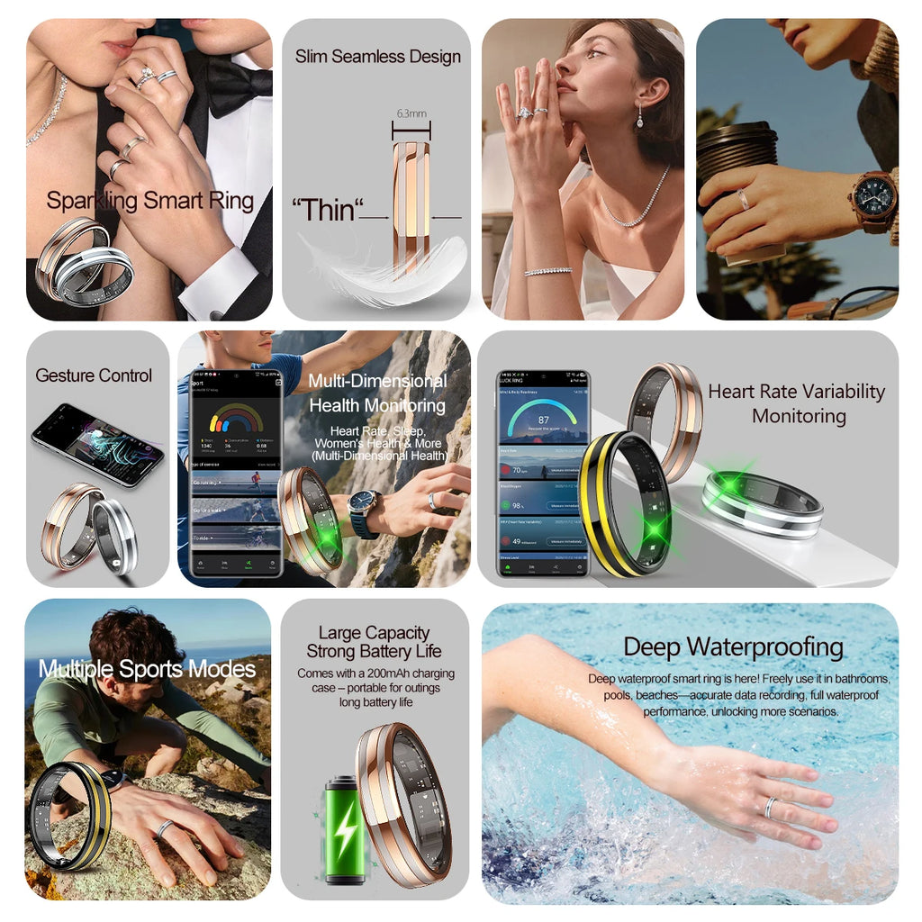 Slim, seamless smart ring in rose gold and silver, featuring gesture control, fitness tracking, and waterproof design.