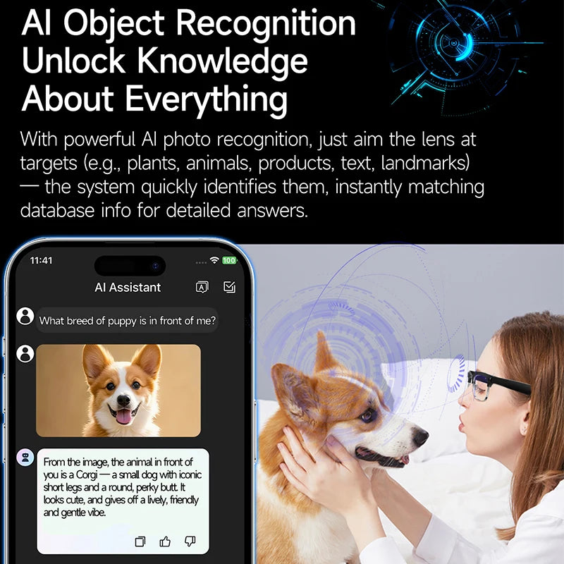 A woman wears sleek black smart glasses, which use AI object recognition to identify a Corgi via a smartphone app.