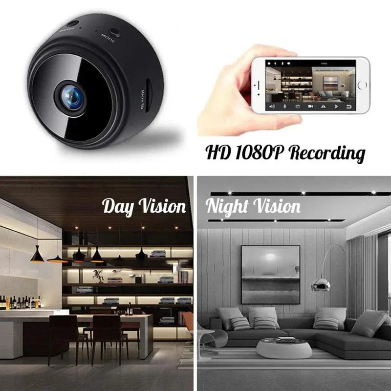 Black plastic, round 1080p security camera with a MicroSD slot, day/night vision, and smartphone app compatibility.