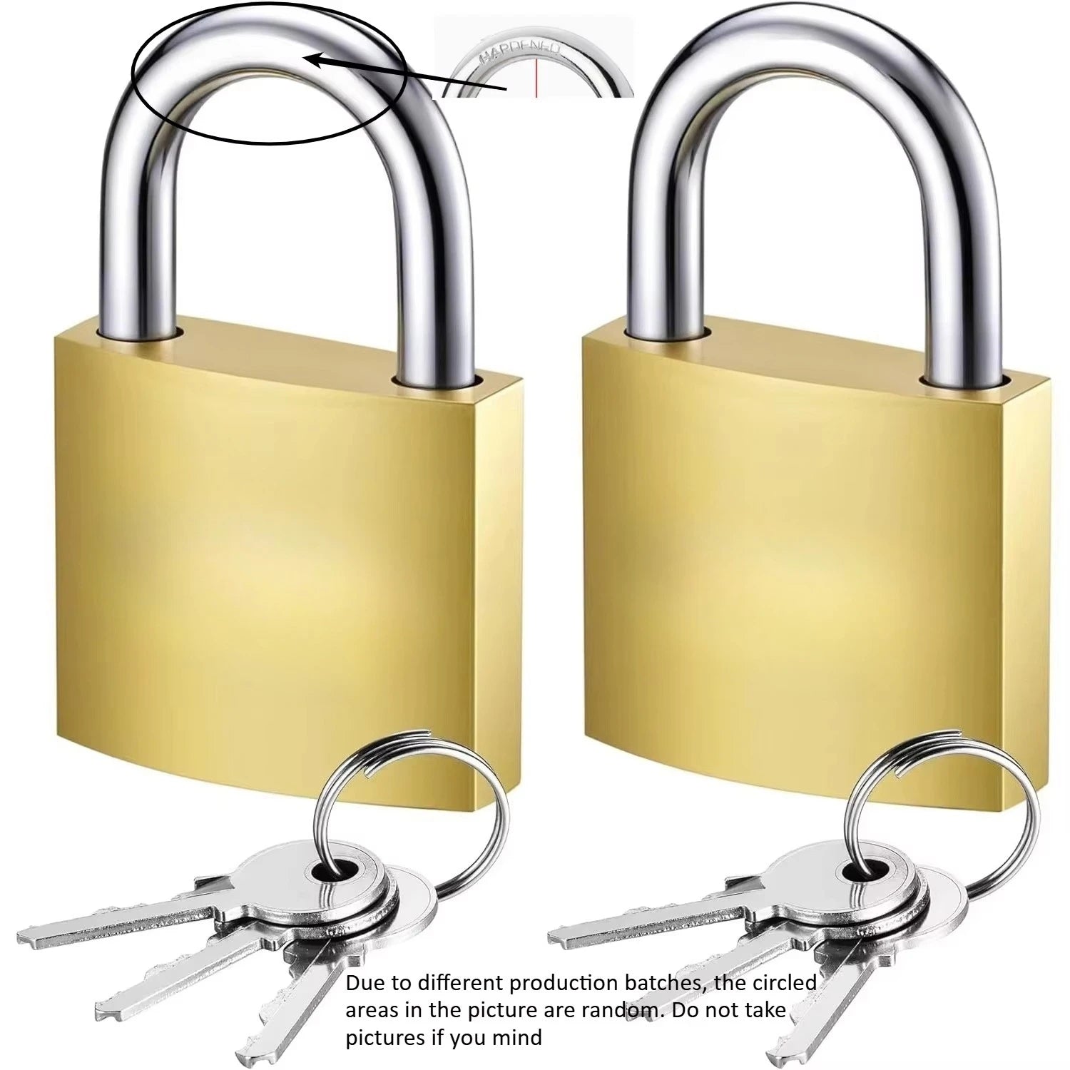 Two brass padlocks with silver hardened steel shackles and matching keys.