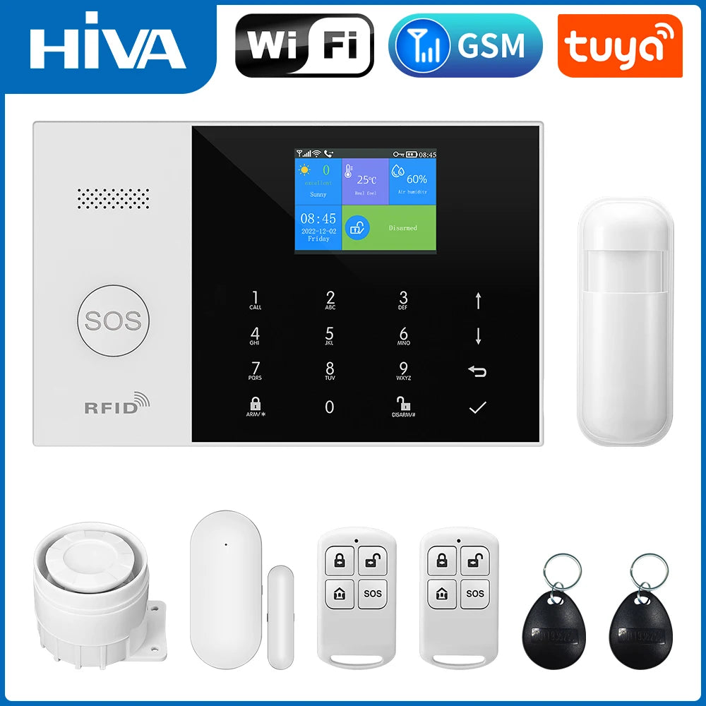 White smart home alarm system with touchscreen panel, motion sensor, siren, door sensor, remote fobs and RFID tags.