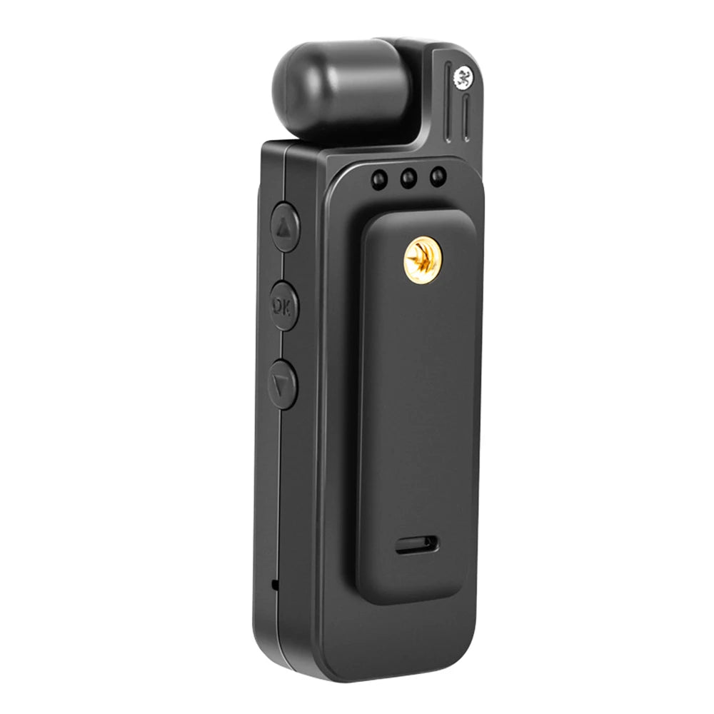 Black plastic wireless remote control with side navigation buttons and a back belt clip.