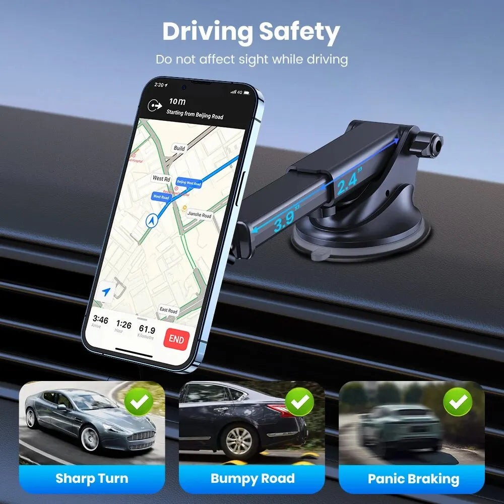 Black extendable car phone mount with a suction cup base attached to a dashboard, holding a smartphone with GPS maps.