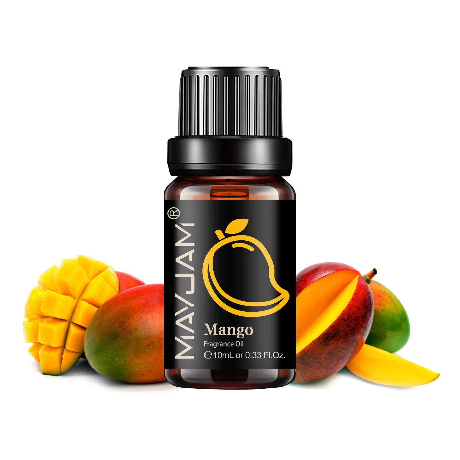 A 10ml brown glass dropper bottle of mango-scented fragrance oil, featuring a label with a yellow mango graphic.
