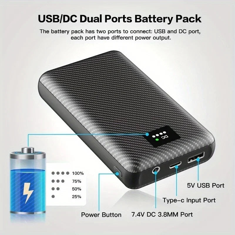 Black carbon-fibre finish 30000mAh power bank with LED display, USB, Type-C, and DC ports for heated clothing.