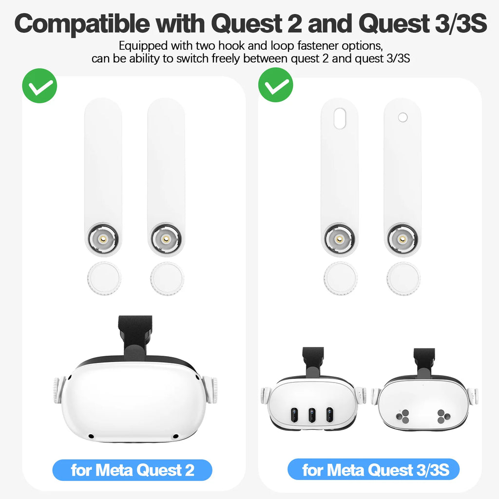 White adjustable headband showing interchangeable attachment clips for compatibility with Quest 2, 3, and 3S headsets.