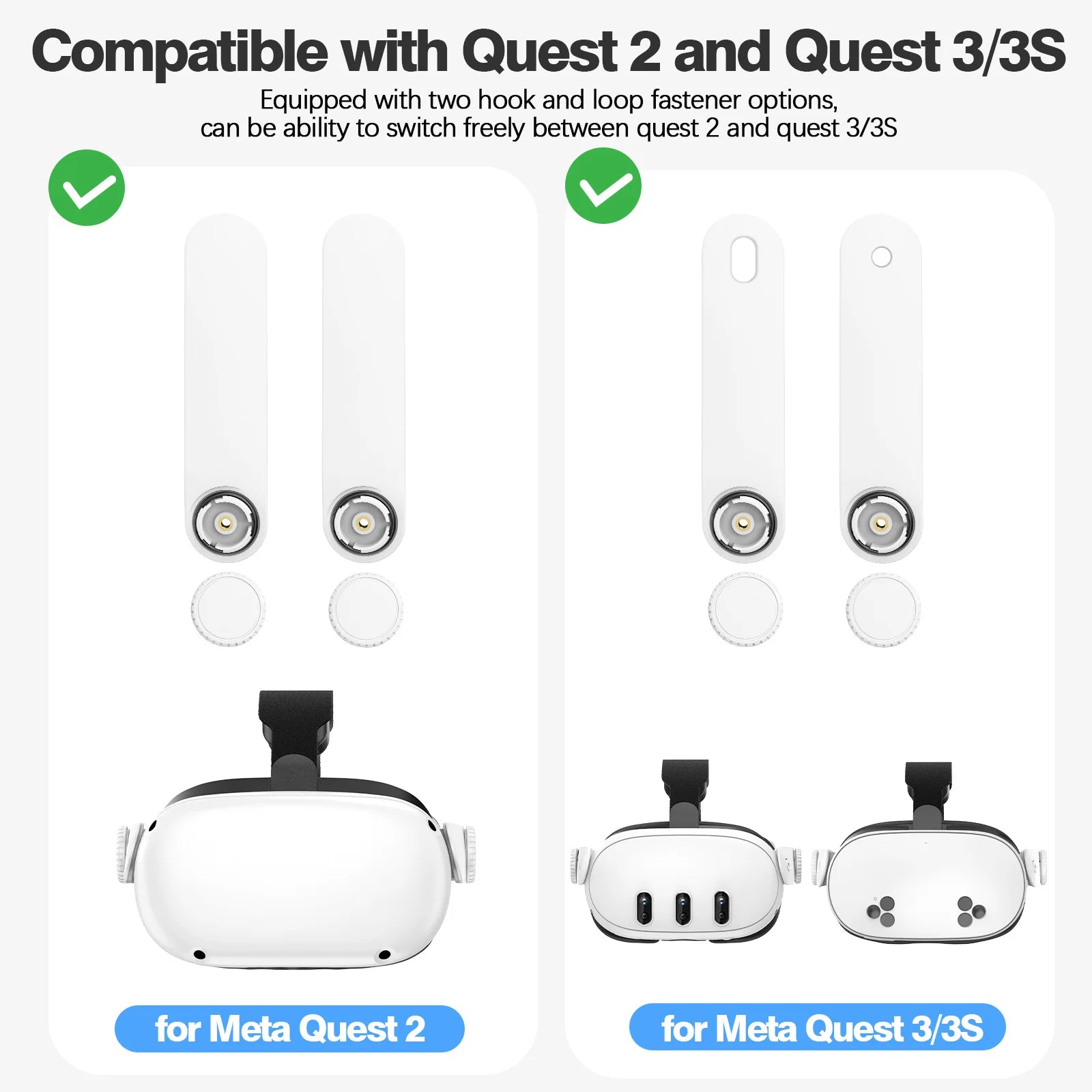 White adjustable headband showing interchangeable attachment clips for compatibility with Quest 2, 3, and 3S headsets.