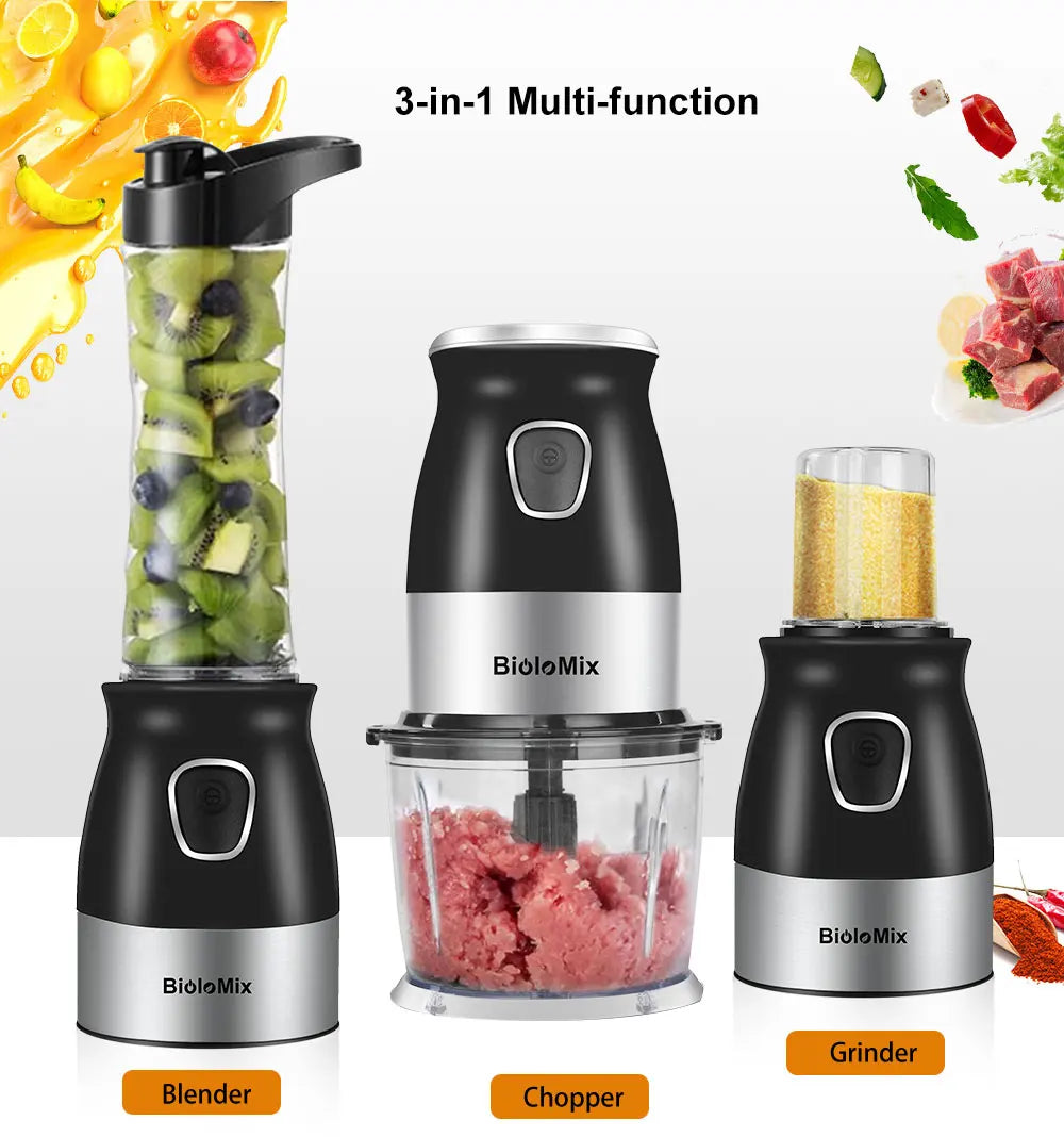 3-in-1 kitchen appliance set in black and silver, featuring a blender, food chopper, and grinder attachment.
