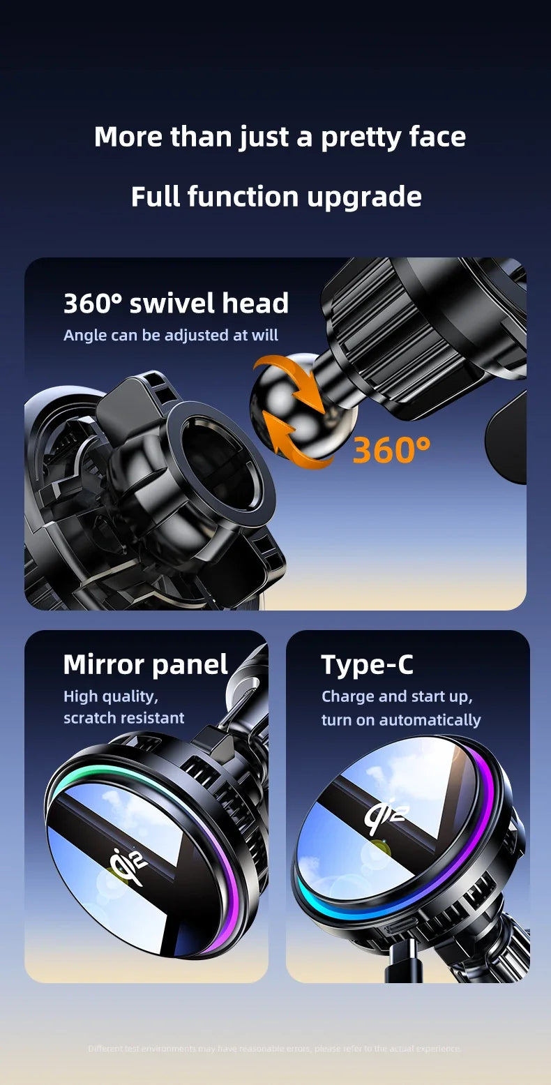 Black car phone mount with 360-degree swivel, scratch-resistant mirror panel, and colorful LED light ring.