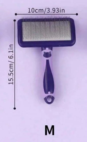 Purple dematting dog grooming brush with fine metal bristles and a cat-shaped handle design. Measures 10cm x 15.5cm.