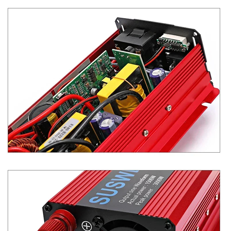 Red DC to AC power inverter showing internal circuit boards, yellow transformers, and cooling fan.