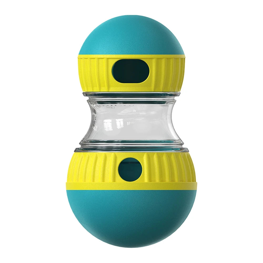 Teal and yellow interactive pet treat-dispensing toy with a clear middle section and feeding holes.