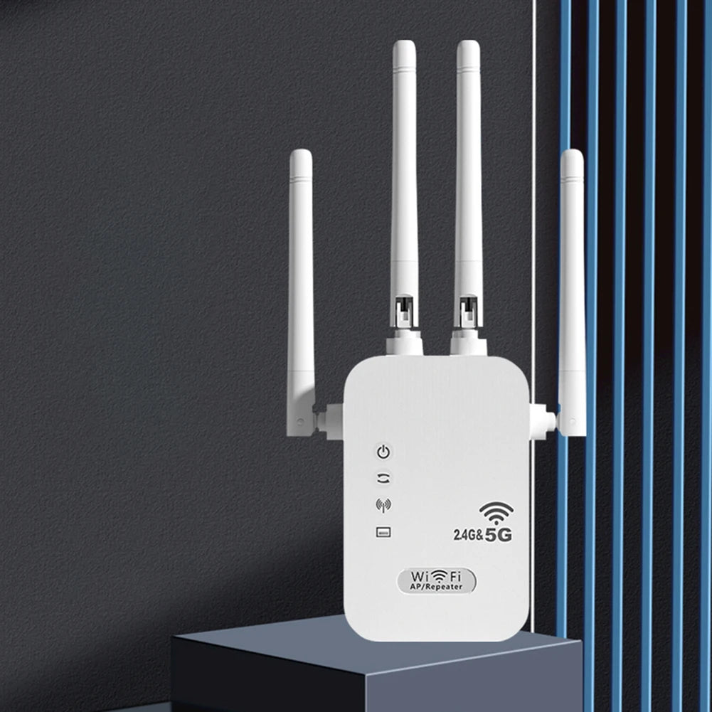 White dual-band WiFi repeater with four antennas on a dark background, showing 2.4G and 5G signal indicators.