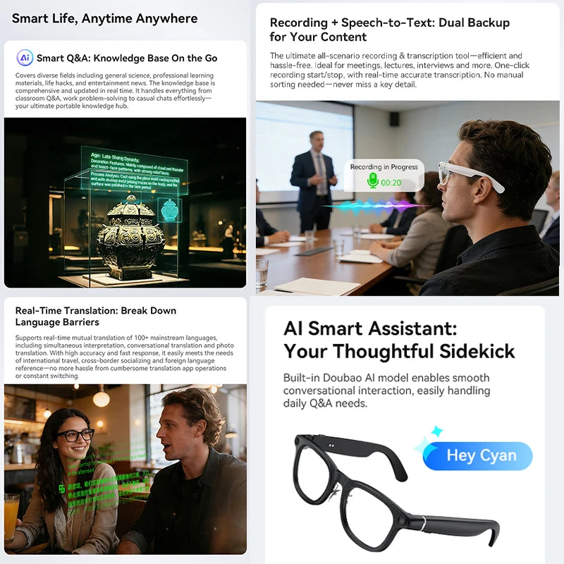 Black smart glasses with built-in camera, recording and AI translation features, shown on a person and as a product shot.