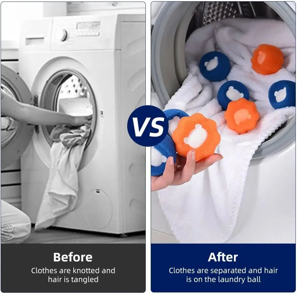 Before and after comparison of blue and orange laundry hair remover balls inside a washing machine.