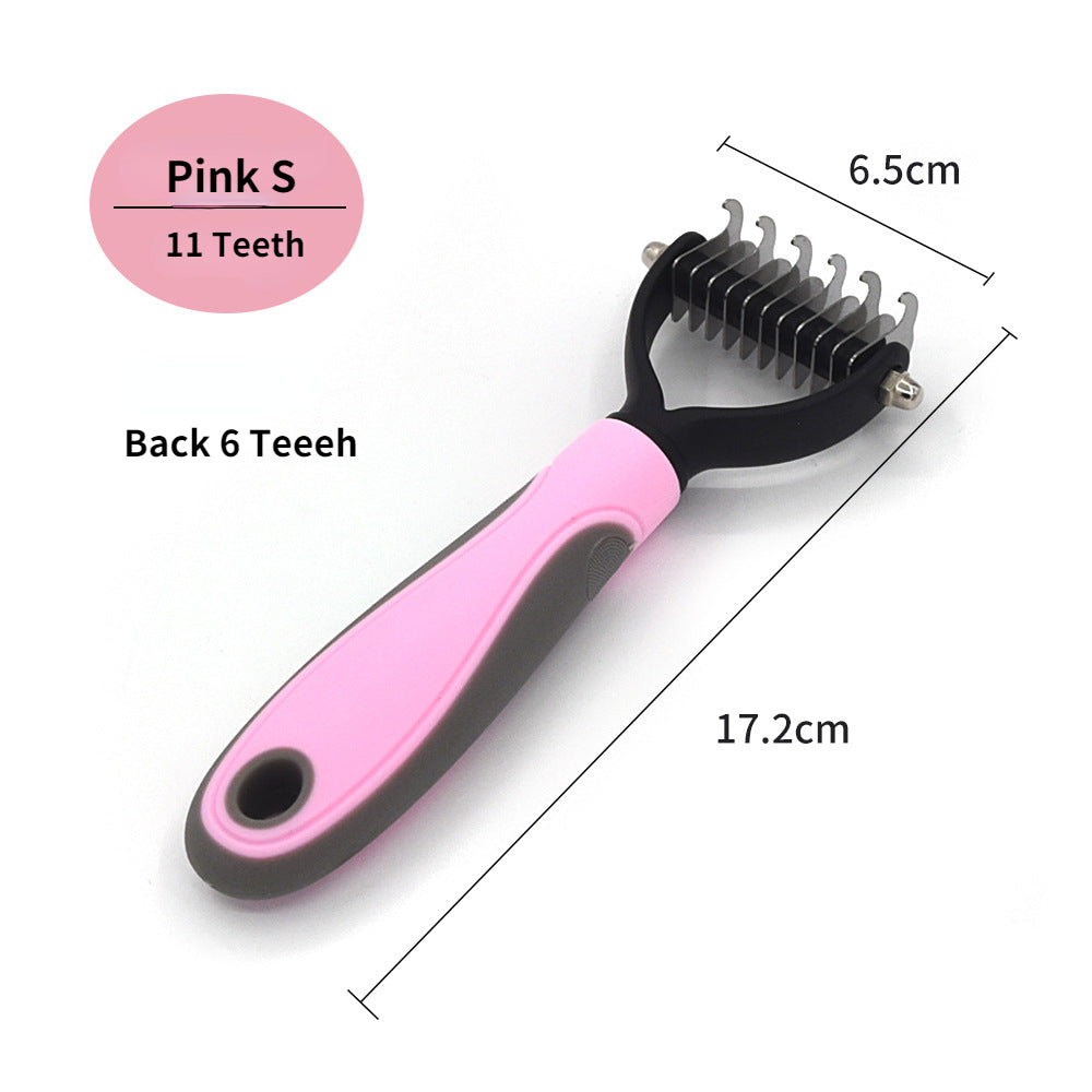 Pink and grey pet dematting rake with an 11-tooth metal blade head and ergonomic handle.