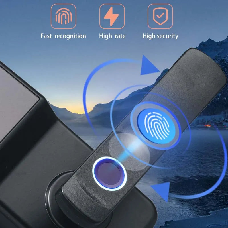 Black metal smart door handle with a blue glowing fingerprint scanner, featuring icons for speed and security.