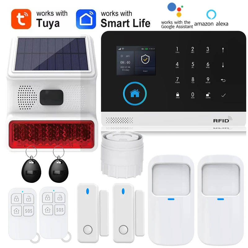 White wireless smart home security alarm system with solar siren, touchscreen panel, motion sensors, and key fobs.