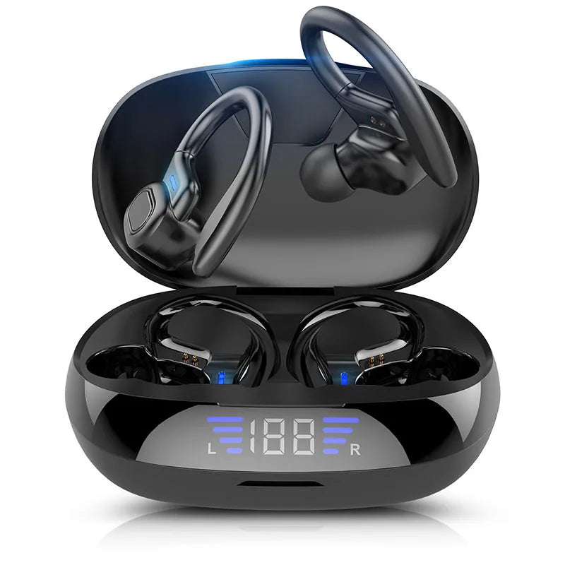Black wireless earbuds with ear hooks in a charging case featuring a digital LED battery display.
