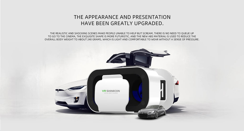 Futuristic white and black smartphone VR headset with an ergonomic, lightweight design.