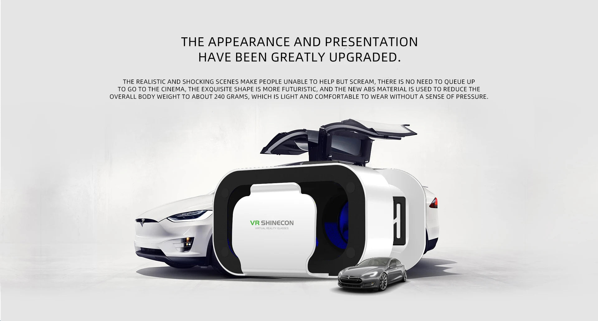 A sleek, white and black lightweight VR headset designed for smartphones, presented with a futuristic aesthetic.