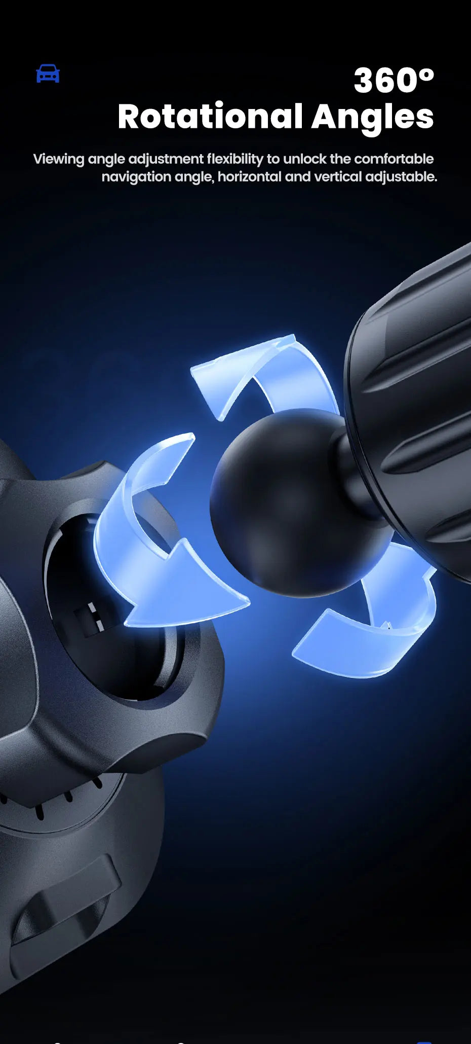 Black car phone mount connector with a spherical ball joint allowing 360-degree rotation.