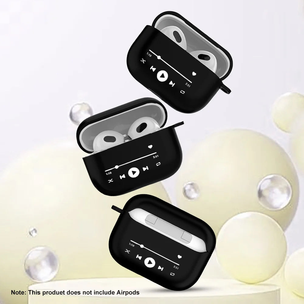 Black silicone AirPods 3 case featuring a white music player interface print.