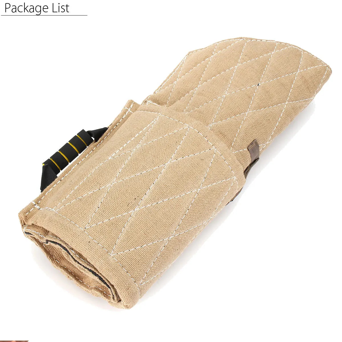 Beige quilted jute dog bite training sleeve with white stitching and a black inner handle.
