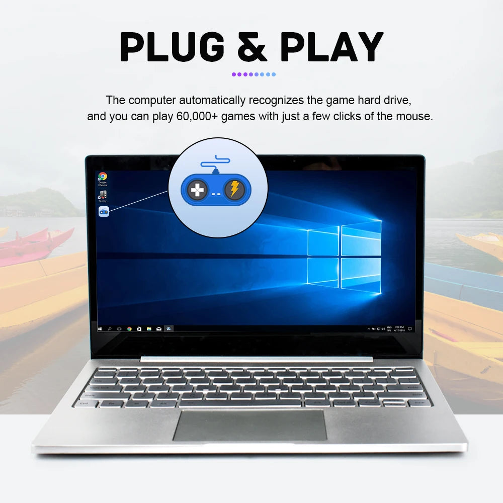 Silver laptop showing Windows desktop, with overlaid text and a blue game controller icon.