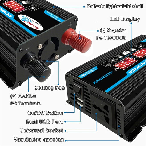 Black 4000W car power inverter with LED display, cooling fan, dual USB ports, universal socket and DC terminals.