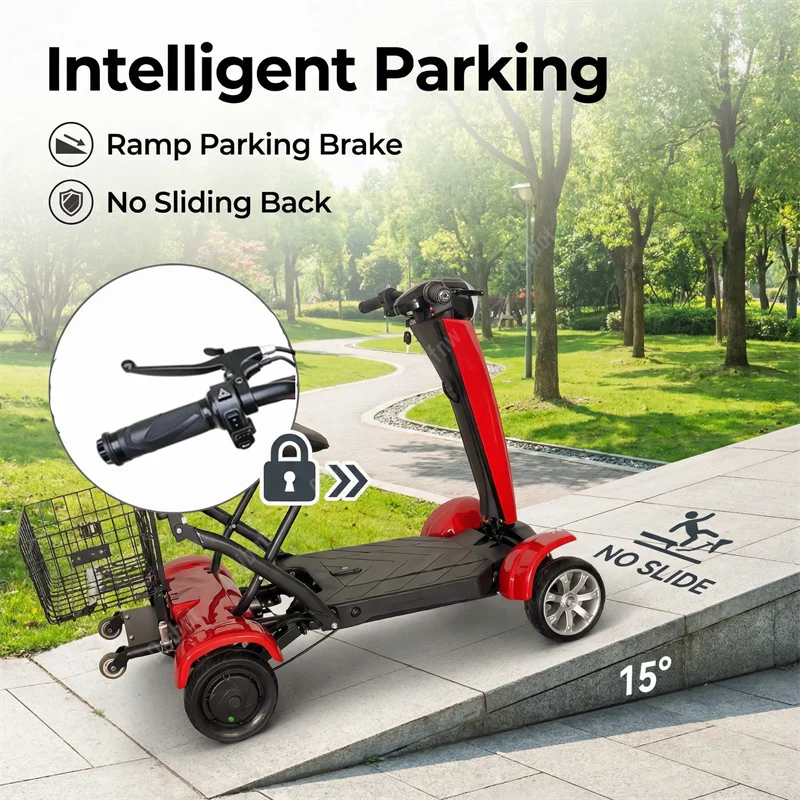 Red 4-wheel electric mobility scooter with handlebars, rear basket, and anti-slip ramp brake on a 15-degree incline.